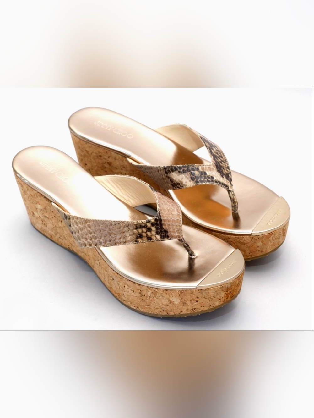 Jimmy Choo Pathos Wedge Sandals Snakeskin Gold Leather Cork Platform Size 38 7.5